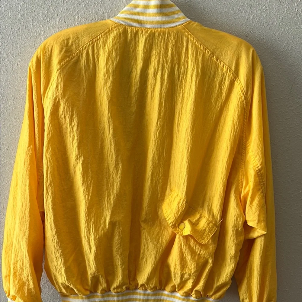 LIZ WEAR Vibrant Yellow Bomber Jacket with Striped Collar and Relaxed Fit - Picture 10 of 13